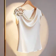 Koszule damskie - TEMU Stylowa Damska Koszula Casual Vintage z Aplikacją 3D Kwiatową – Lekka Bluzka z Bufiastymi Rękawami, Poliestrowa, Jednokolorowa na Każdą Porę - miniaturka - grafika 1