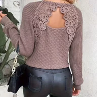 Swetry damskie - TEMU Elegancki damski sweter z dekoltem w serek i długim rękawem - odkryte plecy z koronkowym panelu na plecach, miękki brązowy sweter z okrągłym - miniaturka - grafika 1