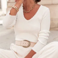 Swetry damskie - TEMU Kobiecy Seksowny Sweter z Dekoltem w Serek - DﾅＶgi Rﾄ冖aw, Elegancka Bluzka do Warstwowania na Jesieﾅ�/Zimﾄ�, Biuro, Impreza, Codzienne Stroje - - miniaturka - grafika 1