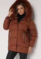 Kurtki damskie - Brązowa Pikowana Kurtka o Pudełkowym Kroju z Odpinanym Futerkiem i Ozdobnym Suwakiem Hedilina - miniaturka - grafika 1