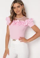 Bluzki damskie - Różowa Bawełniana Bluzka z Krótkim Rękawem i Siateczkową Wstawką Ozdobiona Falbanką Lelalia - miniaturka - grafika 1