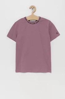 Koszulki dla dziewczynek - Calvin Klein Jeans T-shirt bawełniany dziecięcy kolor fioletowy gładki - grafika 1
