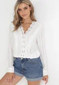 Koszule damskie - Biała Koszula z Falbankami i Ażurową Koronką Fairwillow - miniaturka - grafika 1