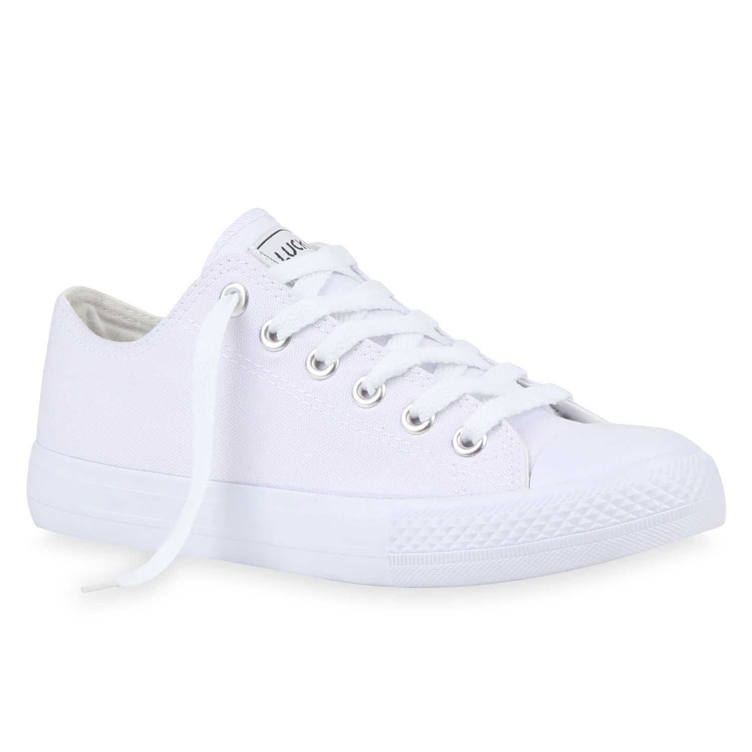 Mytrendshoe Damskie Trampki Niskie Płócienne Buty Casualowe Sznurowane Buty Sportowe 94237, Kolor: All White Lucky, Rozmiar: 37