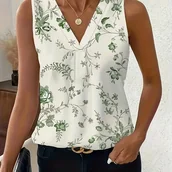 Inne - TEMU Elegancki, bez rękawów, damski kurtka z dekoltem w kształcie litery V z kwiatowym wzorem - lekki top letni z wzorami liściowymi, idealny na - miniaturka - grafika 1