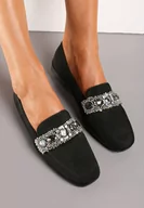 Mokasyny damskie - Czarne Mokasyny z Cyrkoniami i Perełkami na Klamerce Sybilla - miniaturka - grafika 1