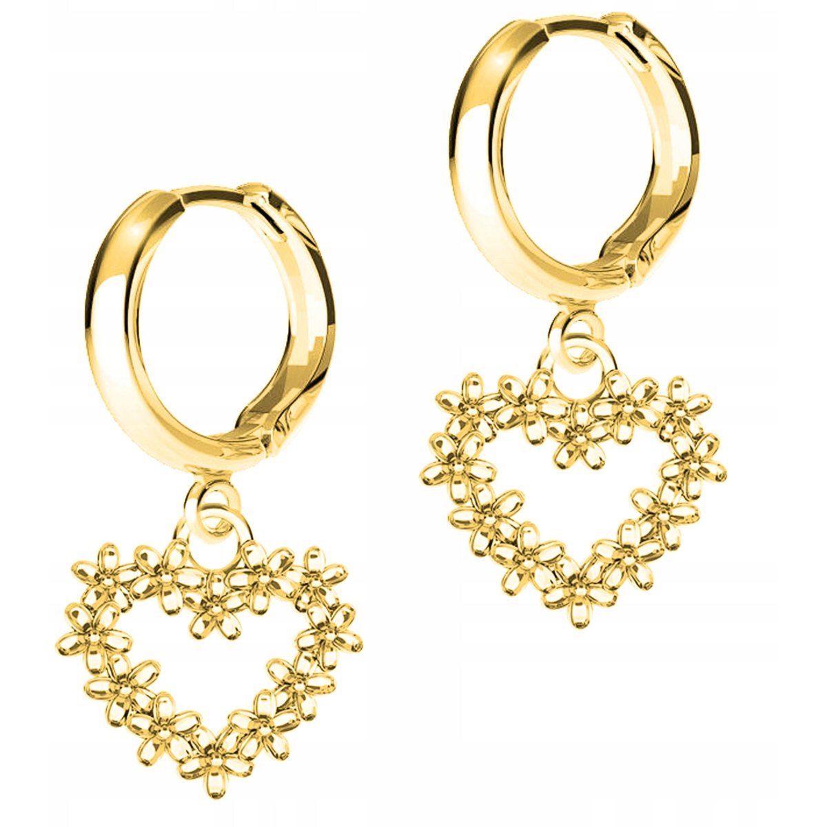 Złote Kolczyki z Kwiatami Ozdobne Serce Kwiaty Kwiatki SREBRO 925