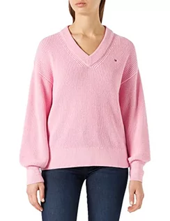 Swetry damskie - Tommy Hilfiger Damski sweter V-NK z bawełny prążkowanej dzianiny, klasyczny różowy, M - grafika 1