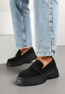 Mokasyny damskie - Czarne Mokasyny na Platformie z Tłoczeniem Ozdobione Paskiem Fonirea - miniaturka - grafika 1