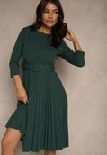 Sukienki - Ciemnozielona Plisowana Sukienka o Rozkloszowanym Kroju z Paskiem z Klamrą Annathiel - miniaturka - grafika 1