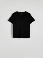 Koszulki i topy damskie - Reserved - T-shirt regular z dekoltem V - czarny - miniaturka - grafika 1