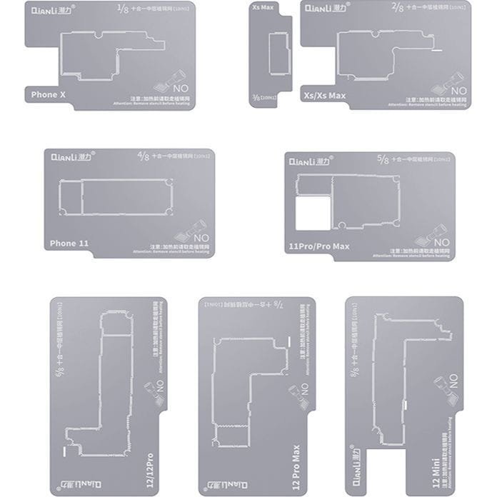 Platforma, podstawka QIANLI z sitami 10w1 do reballingu do iPhone X/XS/XS Max/11/11 Pro/11 Pro Max/12/12 Mini/12 Pro/12 Pro Max