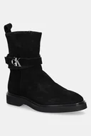 Botki damskie - Calvin Klein botki zamszowe ANKLE BOOT W/ METAL LOGO SUE damskie kolor czarny na płaskim obcasie HW0HW02664 - miniaturka - grafika 1
