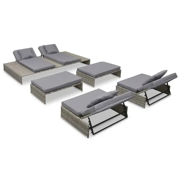 Zestaw mebli rattanowych szary 1 leżak 2 sofy 2 pufy wymiary 210x140x23/63