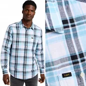 Koszule męskie - Lee Leesure Shirt Preppy Blue Błękitna Lniana Koszula W Kratę Regular S - miniaturka - grafika 1