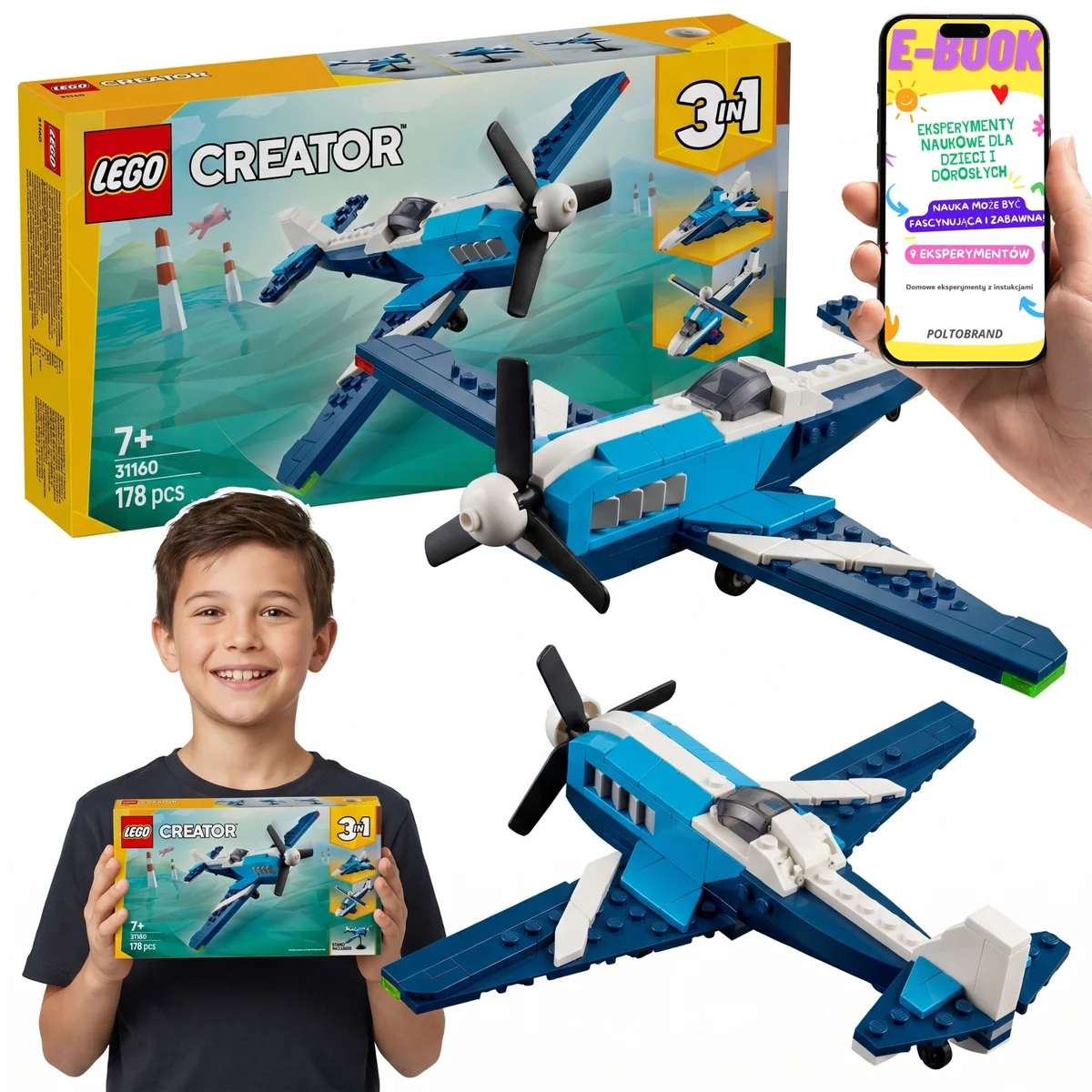 LEGO Creator 3w1 Samolot Wyścigowy Odrzutowiec Helikopter 178 el. Dla Chłopca