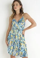 Sukienki - Niebieska Sukienka Mini z Kopertowym Dekoltem i Gumką w Pasie z Wiskozy Rubbisa - miniaturka - grafika 1