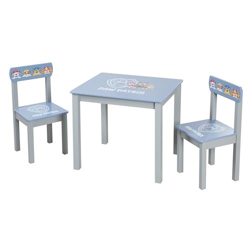 roba Zestaw Siedzący dla Dzieci Paw Patrol - 2 Krzesła Dziecięce + Stół - Zestaw Siedzisk/Meble z Pieskami z Kreskówek - Drewno Szare/Niebieskie - Od 18 Miesięcy