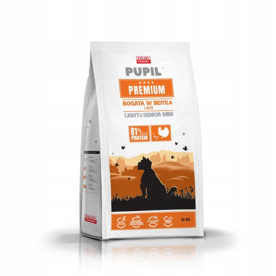 Karma sucha dla psa PUPIL FOODS Premium Light & Senior Mini, bogata w indyka i ryż, 10 kg