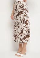 Spódnice - Brązowa Trapezowa Satynowa Spódnica w Łaty Ralenira - miniaturka - grafika 1