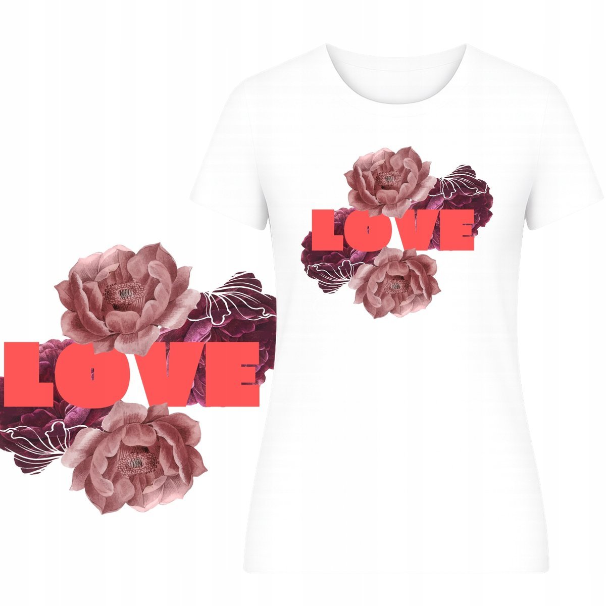 T-SHIRT NA LATO DAMSKI KOSZULKA SUPER NADRUK LOVE KWIATKI NA WAKACJE XL
