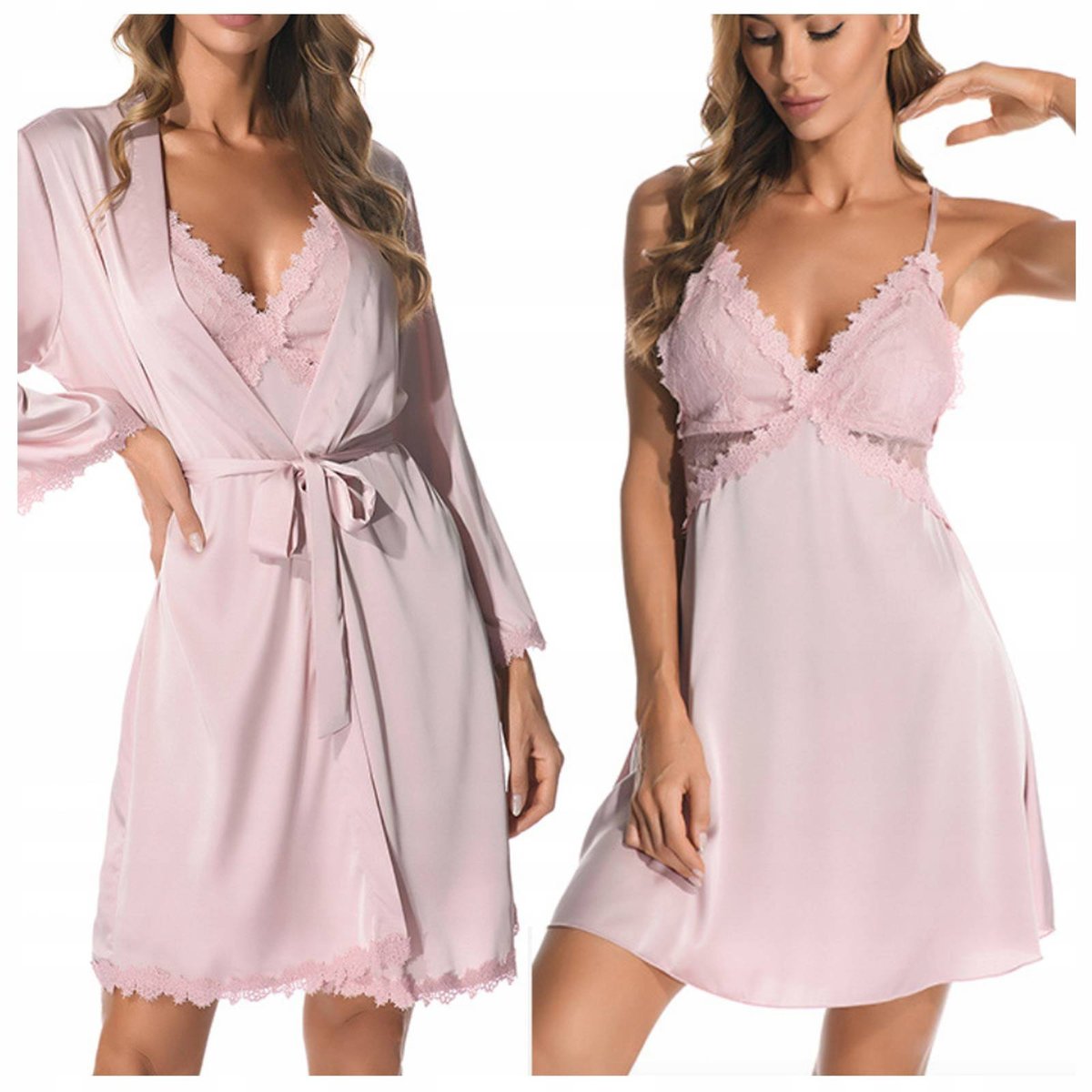 Komplet szlafrok damski satynowy koszulka - XL