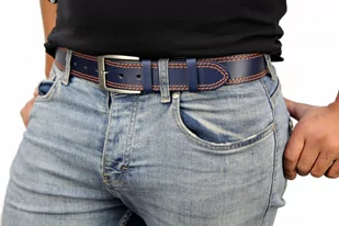 Pasek Męski Skórzany PAS-MAX (PL) Skóra Licowa EXTRA 40 mm Niebieski Z Podwójną Pomarańczową Nitką - Paski - miniaturka - grafika 7