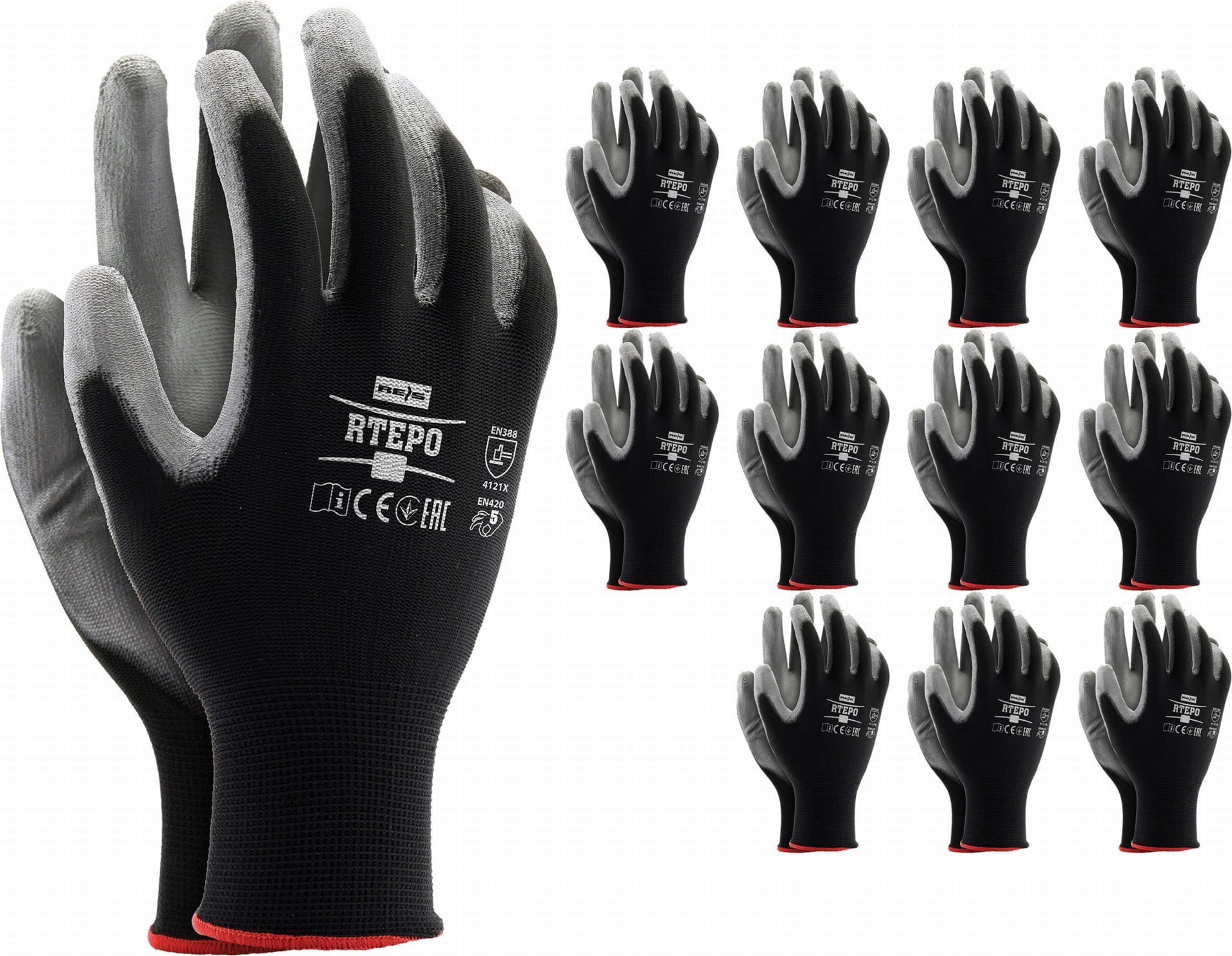 Reis Rękawice robocze / czarno-szare / RTEPO_BS - 12 szt. 10 - XL
