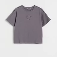 Koszulki dla dziewczynek - Reserved - Bawełniany t-shirt z przeszyciami - Szary - miniaturka - grafika 1