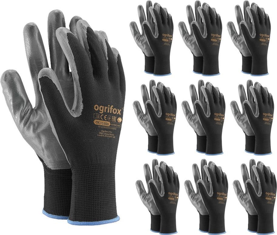 Ogrifox Rękawice robocze / Czarne / OX-NITRICAR_BS - 10 Par 10 - XL
