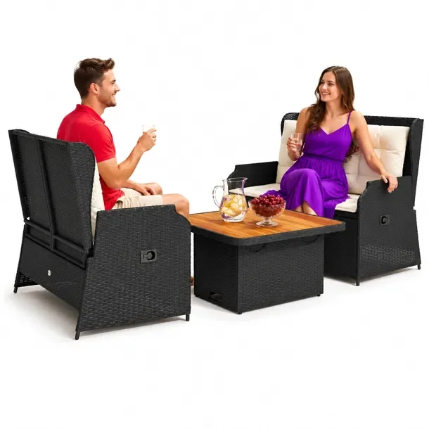 Zestaw wypoczynkowy rattan PE czarny 110x67x95cm - 2 ławki, stolik, 4 podu