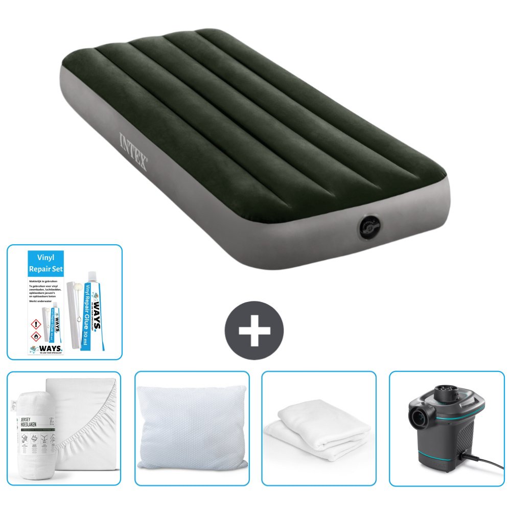 Dmuchane łóżko Intex - 1 osoba - 76 x 191 x 25 cm - zielone - w zestawie prześcieradło - pocałunek - pompka - zestaw naprawczy en ochraniacz na poduszkę