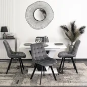 Stoły z krzesłami - Zestaw Stół Prostokątny Rozkładany CLARK 120-160 cm Czarny/Biały Połysk i 4 Krzesła Tapicerowane do Salonu RICK Szare Welurowe - miniaturka - grafika 1