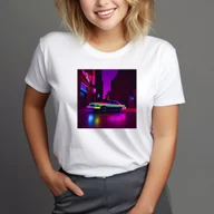 Koszulki i topy damskie - T-Shirt Koszulka biała z nadrukiem neon car vintage rozmiar L 90's - miniaturka - grafika 1