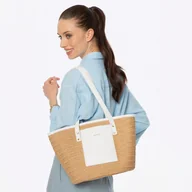 Torebki damskie - Damski pleciony koszyk ze słomy papierowej beżowo - kremowy - miniaturka - grafika 1