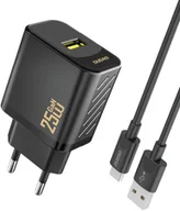 Ładowarki do telefonów - Ładowarka sieciowa USB-A z kablem USB-A - USB-C GaN 25W - czarna Ładowarka sieciowa USB-A z kablem USB-A - USB-C GaN 25W - czarna - miniaturka - grafika 1