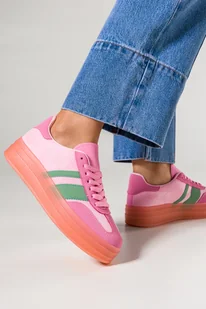 Różowe sneakersy damskie buty sportowe na platformie zielone wstawki sznurowane Casu BL607P - Półbuty damskie - miniaturka - grafika 1