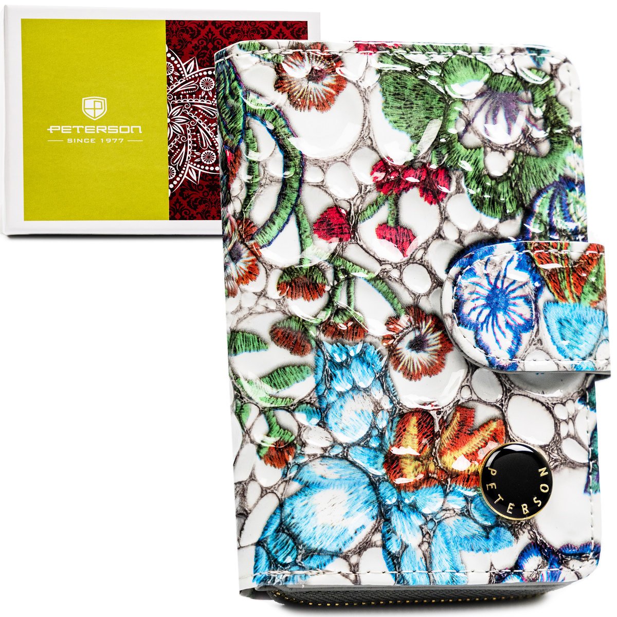 Portfel damski ze skóry naturalnej Peterson lakierowany z ochroną kart RFID pojemny skórzany w kwiaty wielokolorowy