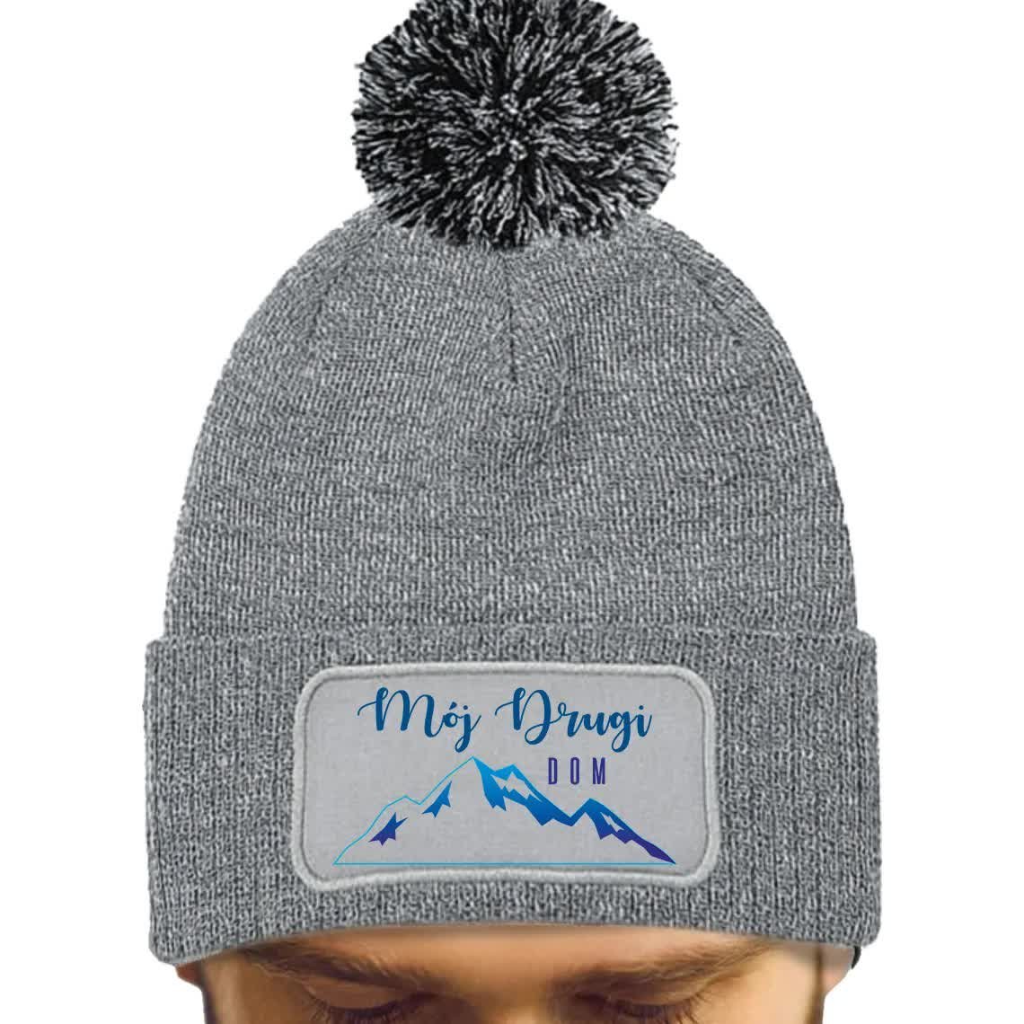 CZAPKA POMPON Szara Zimowa Dla Miłośnika Gór MÓJ DRUGI DOM Góry Wzory