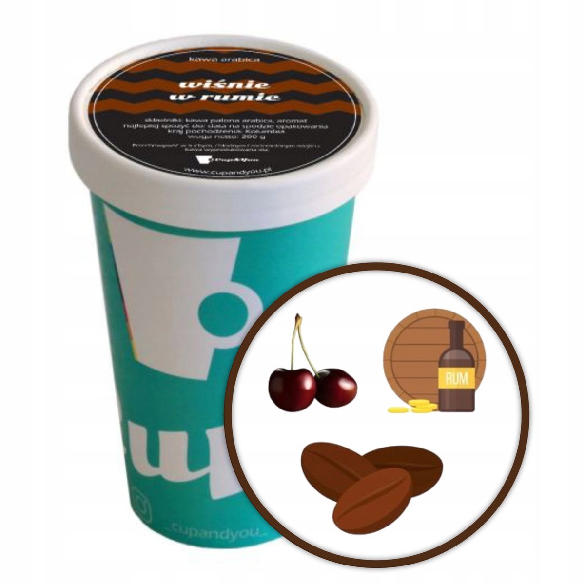 Kawa aromatyzowana smakowa WIŚNIE W RUMIE ziarnista ARABICA 200g premium - smakowa uczta dla podniebienia