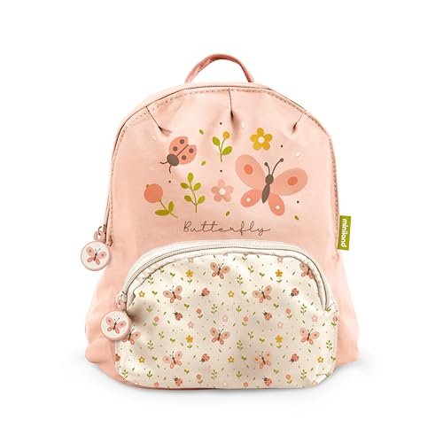Miniland Bagpack Butterfly - Plecak dziecięcy do przedszkola Lekki i ergonomiczny Podwójna kieszeń Organizer Regulowane wyściełane uchwyty Zmywalny i spersonalizowany