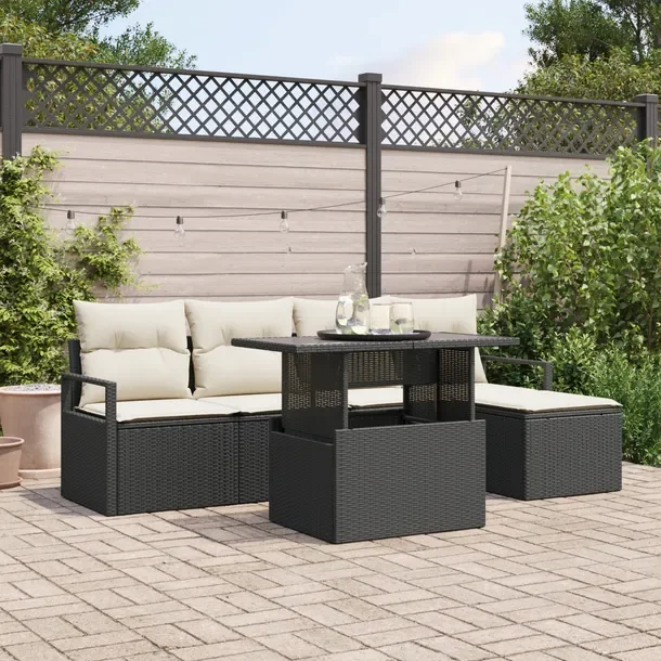 Zestaw Sof Ogrodowych Modularnych Poly Rattan Czarno-Kremowy 5-częściowy