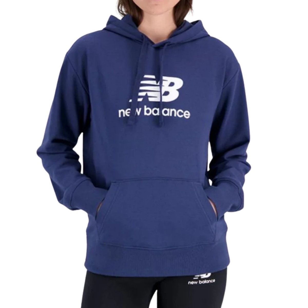 Bluza damska New Balance Essentials Stacked Logo dresowa z kapturem granatowa-S
