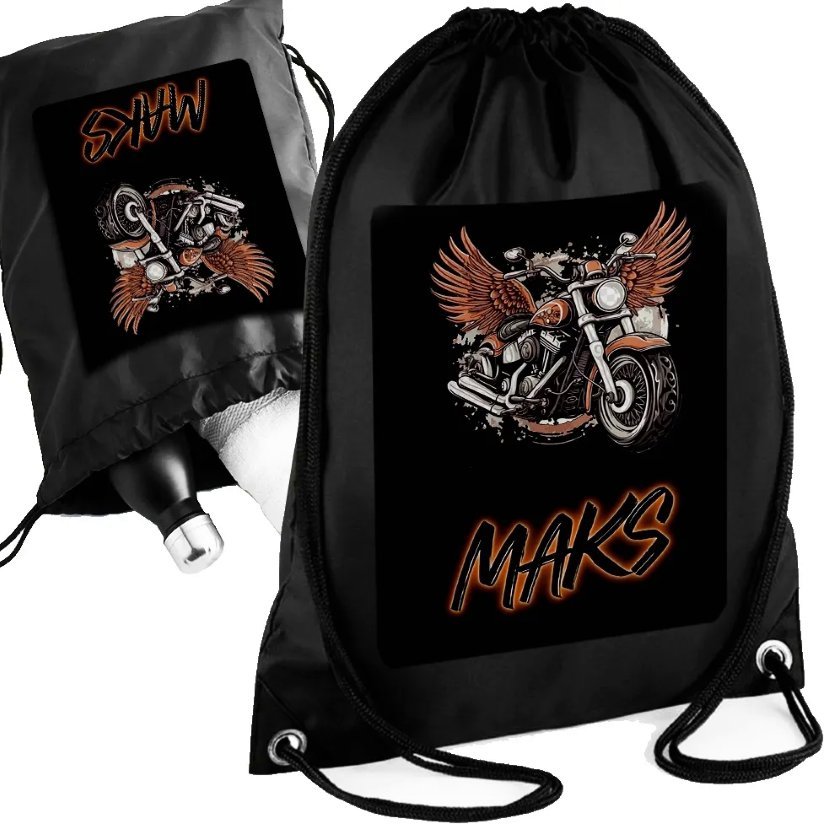 Personalizowany Czarny Worko-Plecak HARLEY MOTOCYKL CROSS - Twoje Imię