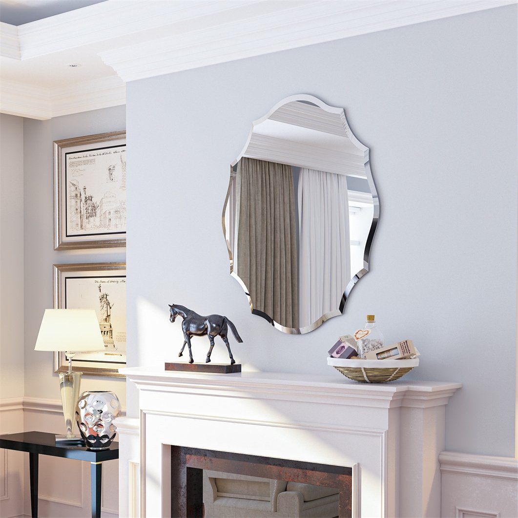 WISFOR Nowoczesne lustro ścienne srebrne, nieregularne lustro boho do przedpokoju lustro łazienkowe do salonu, 56×71 cm