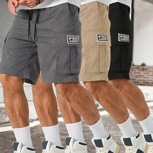 TEMU Letnie Męskie Szorty Casual - Luźny Krój, Poliester, Wzór Geometryczny, Sznurek w Pasie z Kieszeniami, Czarne/Szare/Beżowe, Możliwość Prania w - Spodenki męskie - miniaturka - grafika 1
