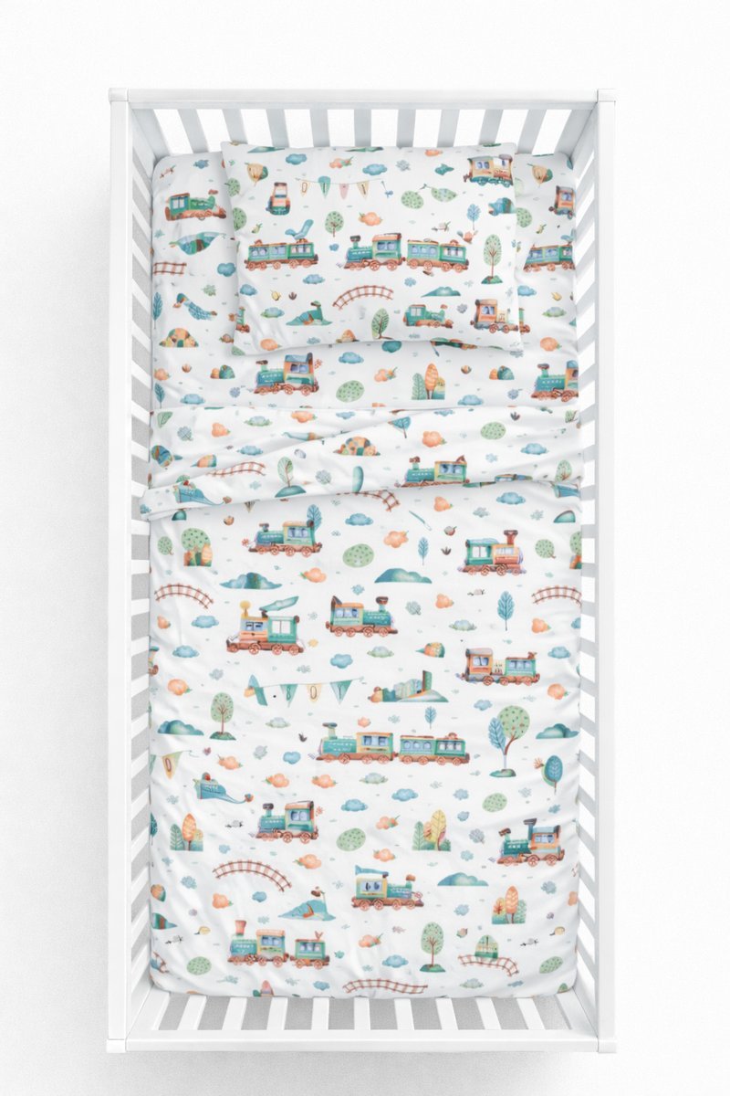 Pościel bawełniana 120x90 + poszewka 40x60 zapakowana pastelowe pociągi