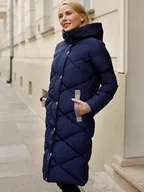 Kurtki damskie - Długa pikowana w romby kurtka damska z kapturem XXL Granatowy - miniaturka - grafika 1