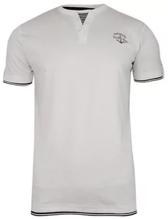 Biały Bawełniany T-Shirt -PAKO JEANS- Męski, Krótki Rękaw, Dekolt z Guzikami, Wstawka w Paski - Pako Jeans - Koszulki męskie - miniaturka - grafika 1