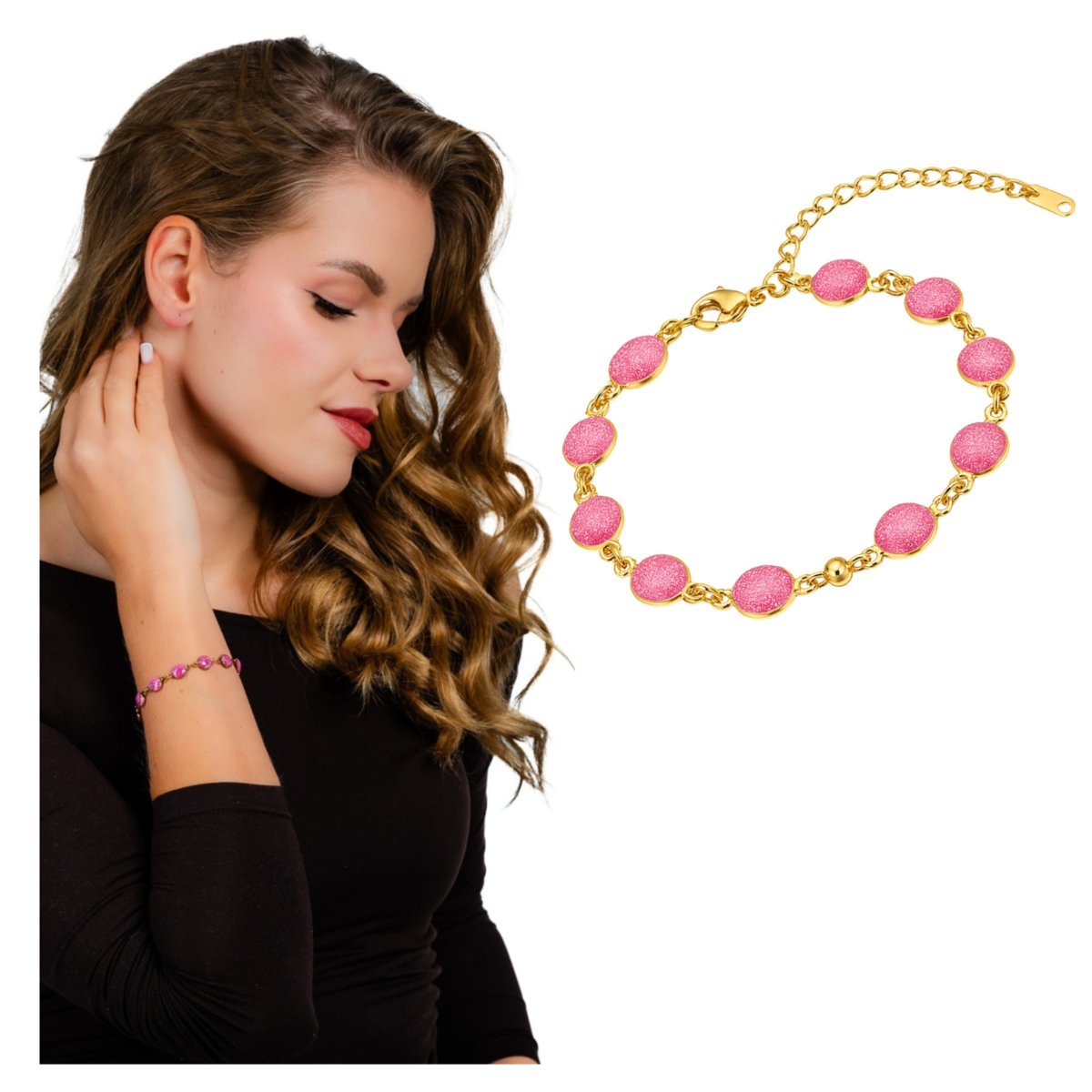 Bransoletka Złota Z Cyrkoniami Stal Chirurgiczna 316L Pozłacana Regulowana